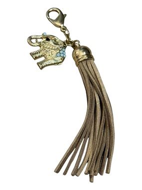 Gold Elephant Charm with Beige Tassel Keychain
